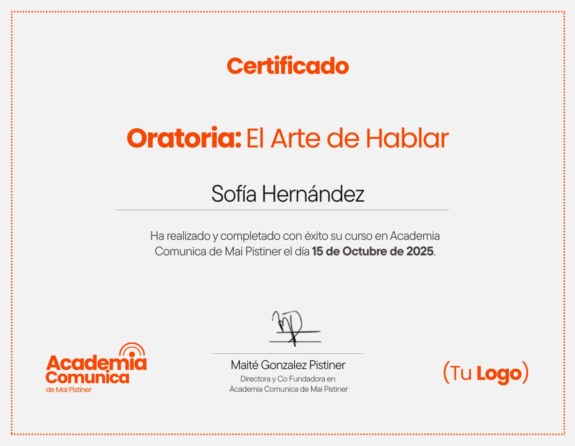 Certificado de la Academia Comunica de Mai Pistiner
