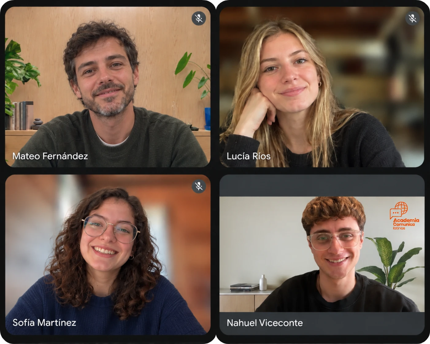 Clase en vivo del Intensivo de Inglés por Google Meet: cuatro participantes sonriendo en pantalla